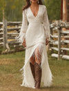 Lace V-neck Long-sleeve Tassel Short Dress With A Longer Back Hem