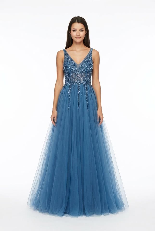 Vestido largo Elysian de cuello en V, escote ilusión y corte imperio