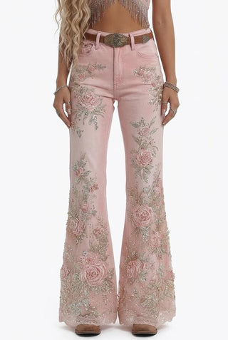 Womens Retro Printed Faux Denim Jeans