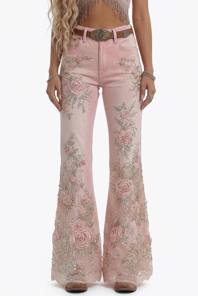 Flared trousers in soft pink with intricate floral embroidery and embellishments, featuring a mid-rise fit.