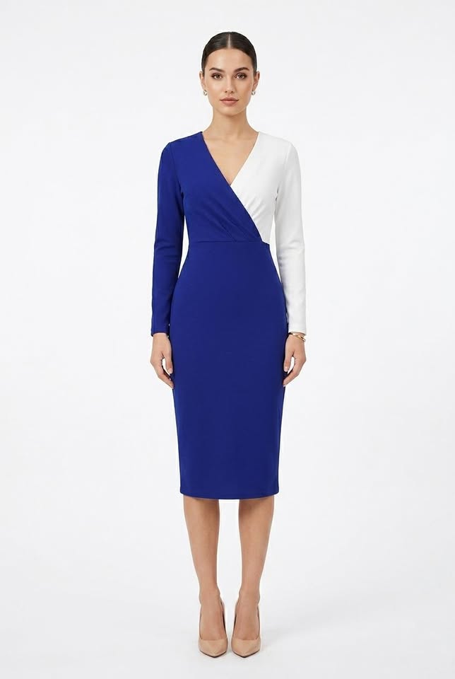 Robe crayon mi-longue Sloane color block à décolleté en V profond
