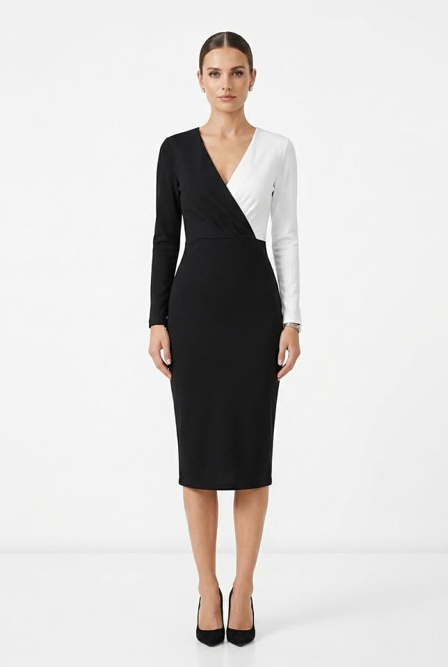 Robe crayon mi-longue Sloane color block à décolleté en V profond