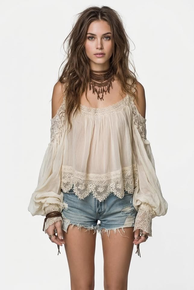 Blusa romántica Aura con tirantes superpuestos, volantes y mangas abullonadas de encaje