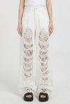 Sienna Distressed Lace Insert Wide-Leg Cropped Jeans in Cream