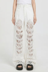 Sienna Distressed Lace Insert Wide-Leg Cropped Jeans in Cream