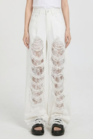 Women's Off-White Ripped Lace High-Waist Loose Denim Jeans