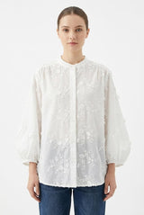 Enchanté White Floral-Embroidered Button-Up Blouse