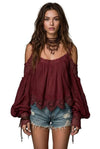 Aura Romantic Strap-Layered Ruffled Lace Puff-Sleeve Blouse