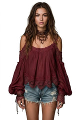 Aura Romantic Strap-Layered Ruffled Lace Puff-Sleeve Blouse
