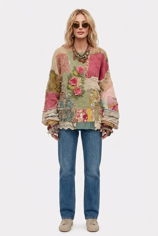 Vespera Renaissance Patchwork blomstret sweatshirt med rund hals