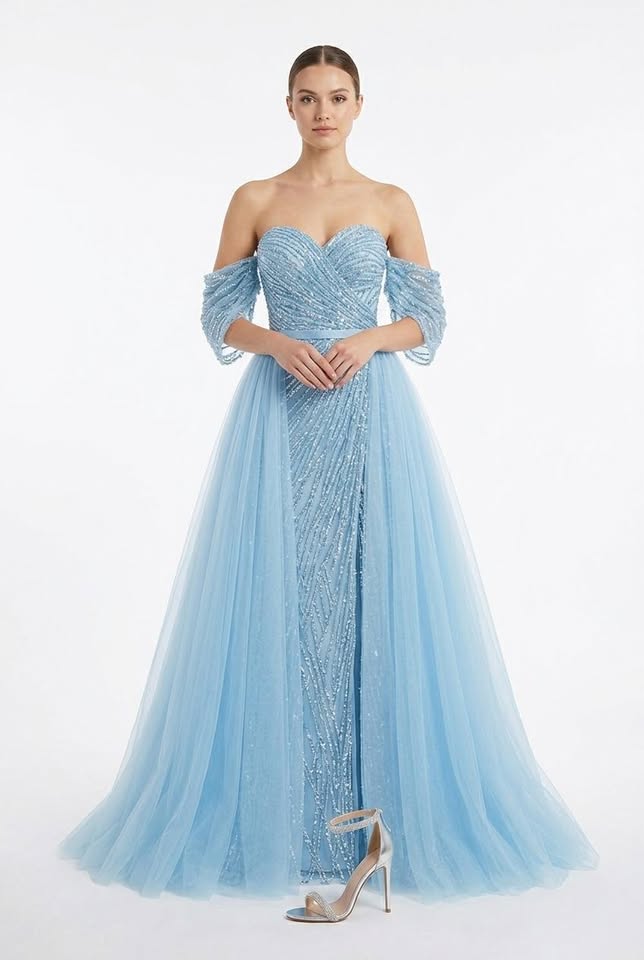 Celeste Off Shoulder Slim Fit Himmelblå Gallakjole