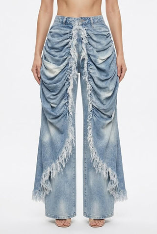 Womens High-Waisted Denim Jeans With Ruffled Hems