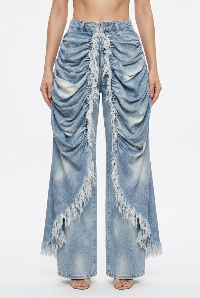 Vesper High-Waist Ruffled Raw Hem Straight Jeans