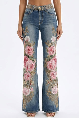 Womens Retro Printed Faux Denim Jeans