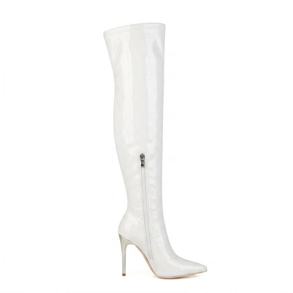 Botas Vespera Nocturne de brillo intenso, hasta la rodilla y con tacón de aguja