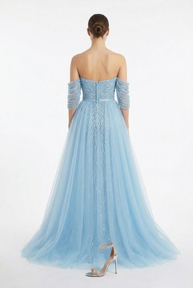 Celeste Off Shoulder Slim Fit Himmelblå Gallakjole