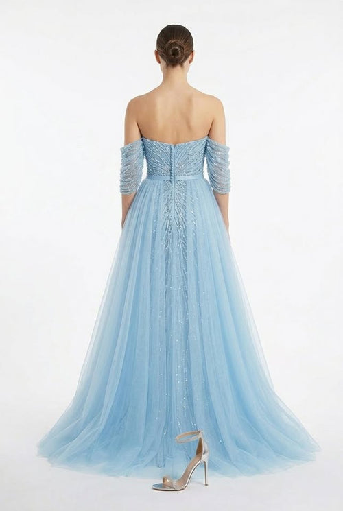 Celeste Off Shoulder Slim Fit Sky Blue Banquet Formal Gown