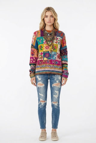 Womens Retro Patchwork Floral Padded Crew-Neck Sweatshirt