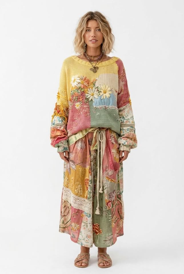 Sudadera de cuello redondo con patchwork floral renacentista de Vespera