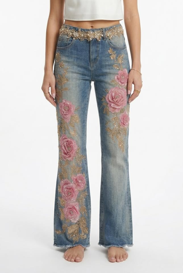 Flared trousers with a retro denim print, featuring pink floral embroidery and a mid-rise waist, styled with a cropped top.