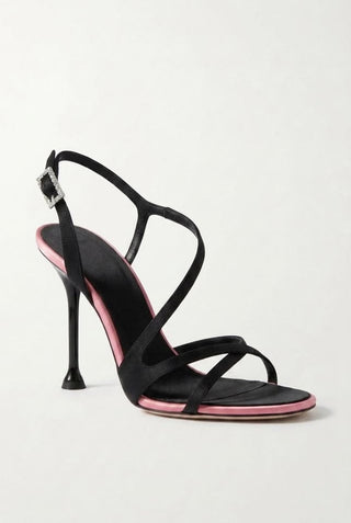 Chuyuji Black Stiletto High Heels 2026 New Summer Open Toe One Strap Satin Color Block Elegant Dating Sandals