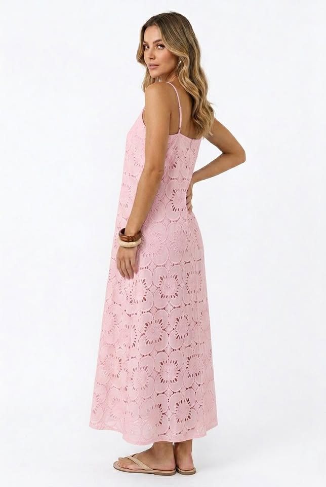 Robe Trapèze sans Manches boutonnée à Bretelles en Dentelle Unie pour Femmes