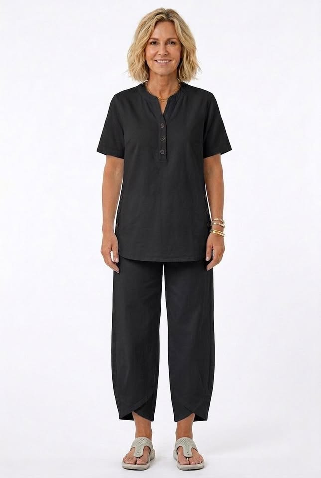 Lapel Button-Up T-Shirt & Pants Co-ord Set