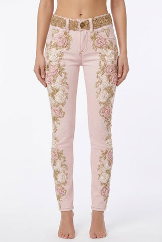 Women's Retro Pink Rose Embroidered Artistic Printed Jeans Elegant