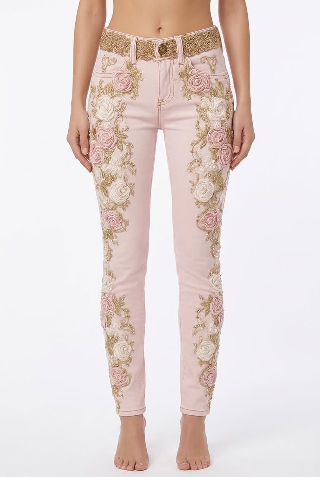 Primrose Vintage Broderede Flared Jeans i Pastel Pink