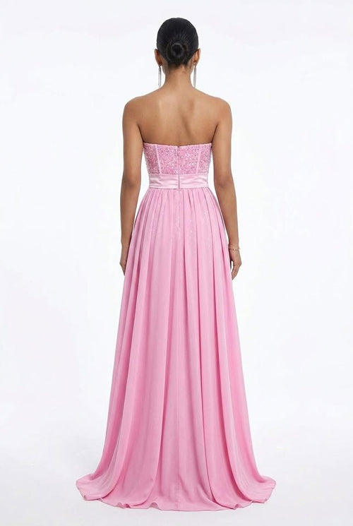 Robe colonne bustier Celeste en velours et sequins rose poudré