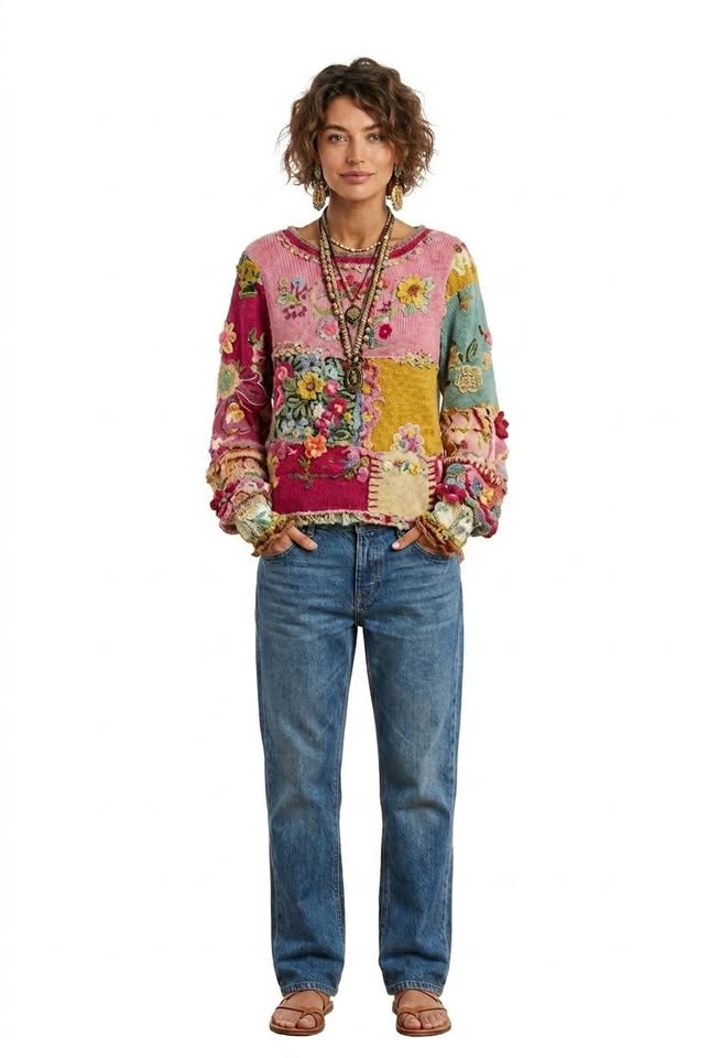 Sudadera de cuello redondo con patchwork floral renacentista de Vespera