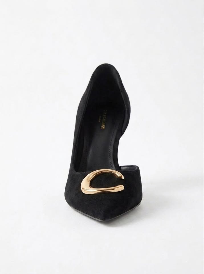 Vespera Black Suede Gold-Buckle Pointed-Toe Stiletto Heels