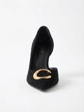 Vespera Black Suede Gold-Buckle Pointed-Toe Stiletto Heels
