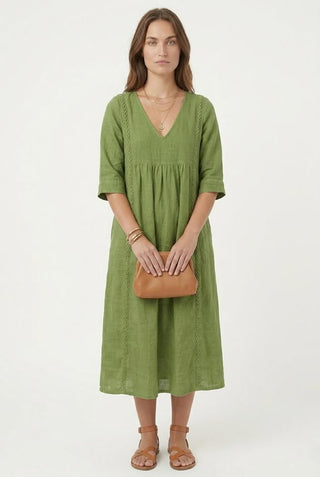 Casual Loose-fit V-neck Patchwork Lace-trimmed Linen-cotton Dress