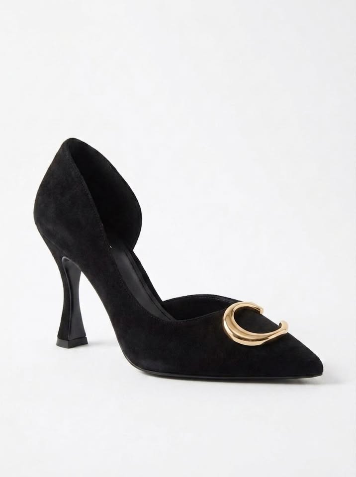 Vespera Black Suede Gold-Buckle Pointed-Toe Stiletto Heels