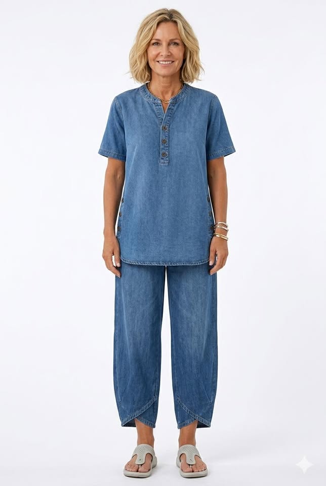 Ensemble coordonné t-shirt boutonnage et pantalon à revers