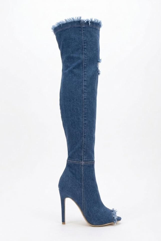 Bottes Stiletto au-Dessus du Genou en Jean Délavé Avant-Garde Vespera
