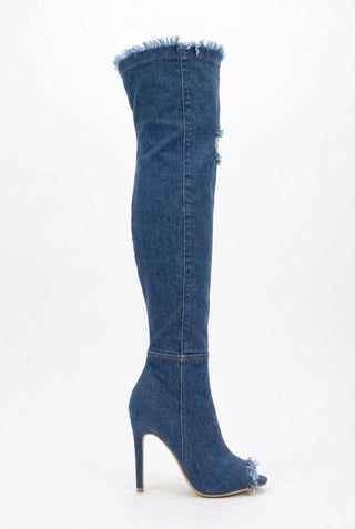 European & American Plus Size Over Knee Peep Toe Boots, Fashion Versatile High Heel Stiletto Distressed Washed Fringe Stretch Denim Women Boots