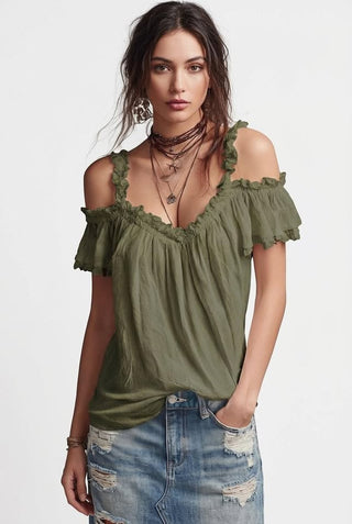 Summer Off-Shoulder Blouse Top Fashion Ruffled Strappy Short-Sleeved Shirt Y2K Sweet Women's Clothing