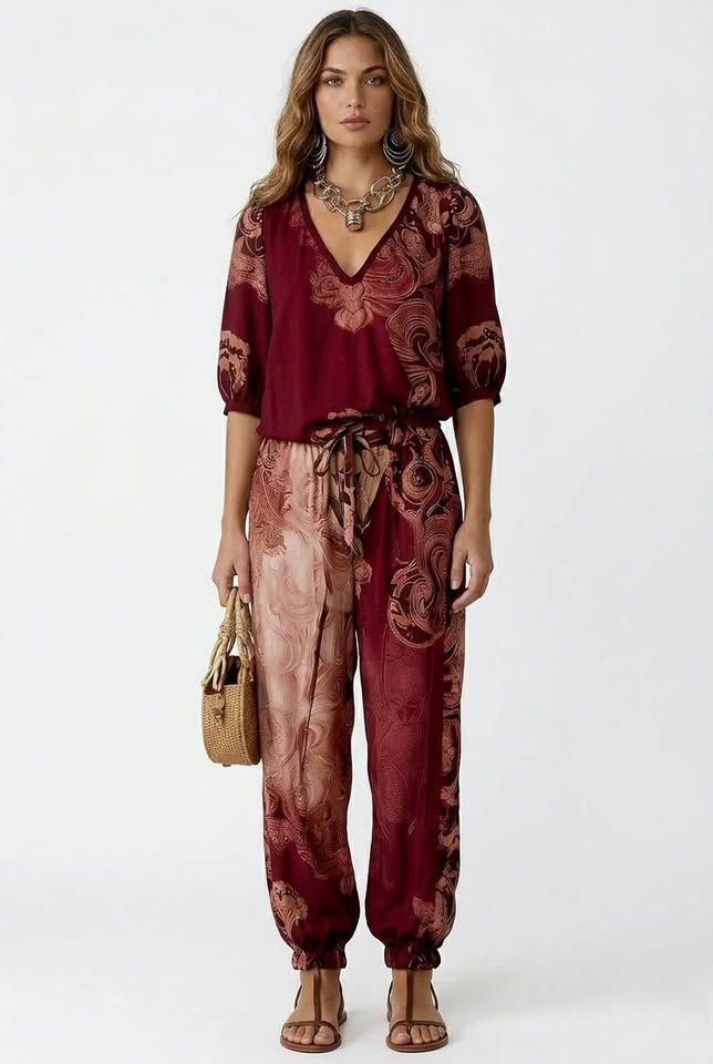 Retro-style Printed V-neck Puff-sleeve Top Paired With Jogger Pants Set