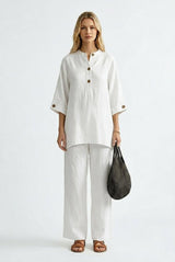 Womens Summer Casual Solid-color Resort-style Buttoned Chic And Elegant Pantsuit