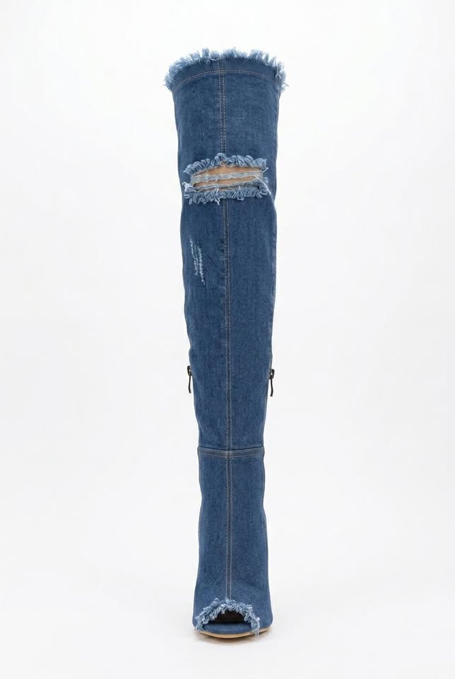Vespera Avantgarde distressed denim stiletstøvler, over knæet