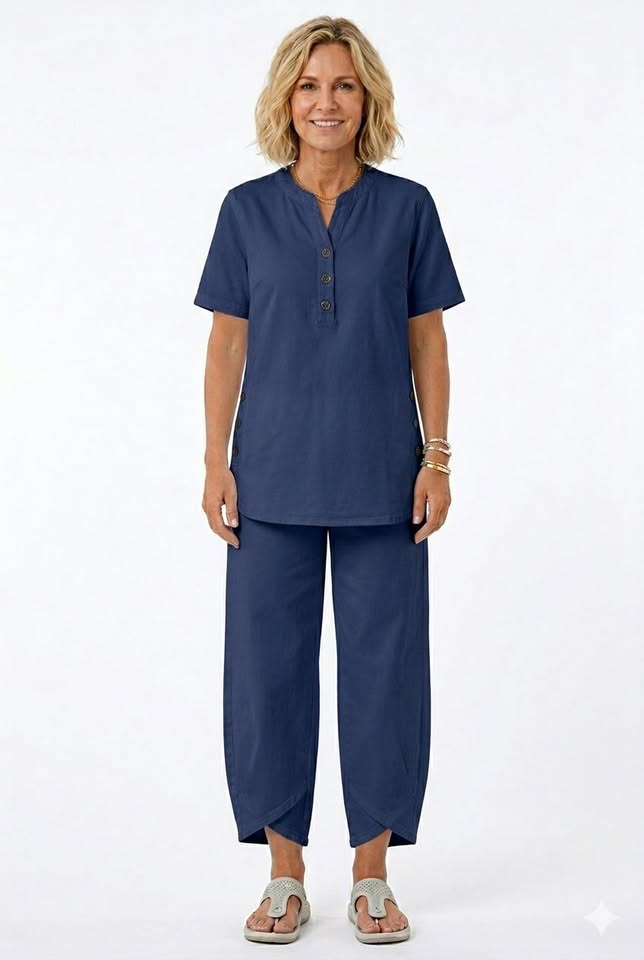 Lapel Button-Up T-Shirt & Pants Co-ord Set