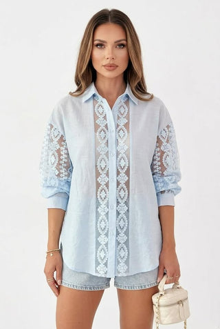 Womens Solid-Colored Casual Lace Embroidered Hollow-Out Long-Sleeve Shirt
