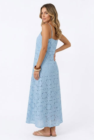 Womens Lace Solid-Color Sleeveless Buttoned Strap Dress