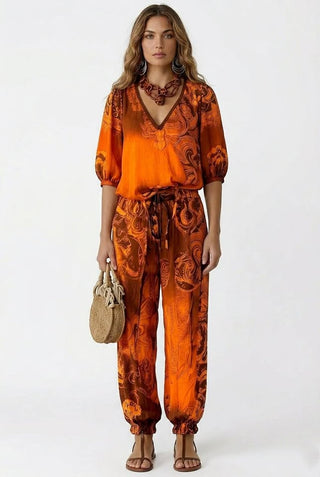 Retro-style Printed V-neck Puff-sleeve Top Paired With Jogger Pants Set