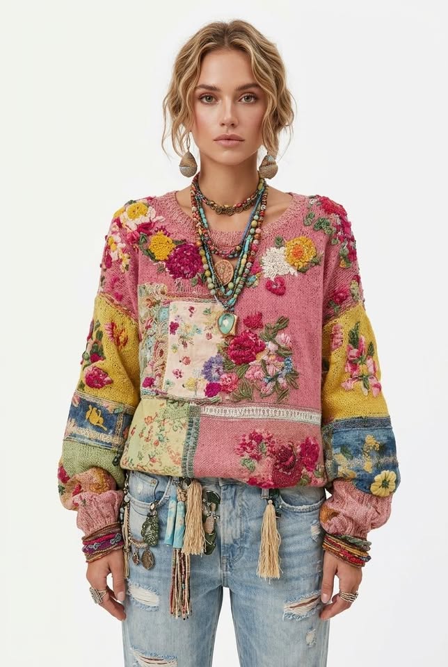 Sudadera de cuello redondo con patchwork floral renacentista de Vespera