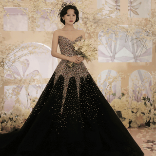 Valkyrie Deep V Neck Crystal Bead Black Wedding Gown with Big Train