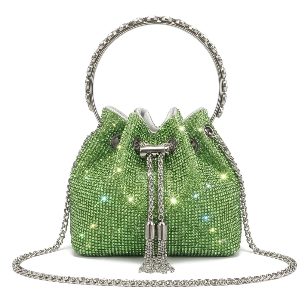 Borsa da sera Lumina cilindrica metallizzata con cristalli