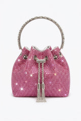 Bolso de mano de noche cilíndrico metálico con cristales de Lumina